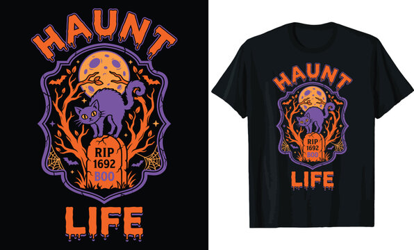 Haunt Life Halloween T-shirt Design, Spooky Cat on RIP 1692 Tombstone with Full Moon, Bats, Trees, and Spiderweb Illustration