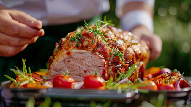 A chef prepares a beautifully garnished roast with vibrant vegetables under sunlight, showcasing culinary skills