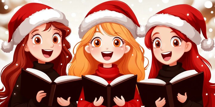 Three girls singing carols in winter attire while holding songbooks during a festive celebration