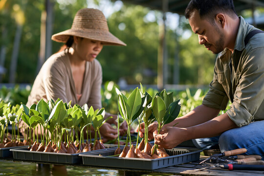 Community nursery sorting mangrove propagules by tidal zone