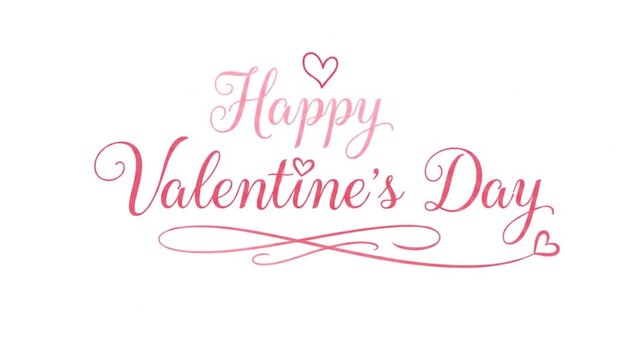 Animated Happy Valentine's Day greeting with elegant script font, romantic text reveal on white background, love celebration