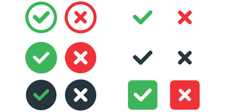 Set of green check mark and red cross mark icons for web design and user interface validation.