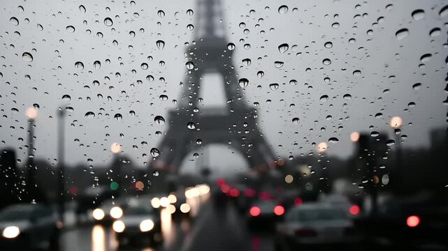 Paris, France, Europe. A closeup shot of raindrops on a window pane, depicting the Eiffel Tower in Paris, France. The raindrops are scattered across the glass, creating a textured pattern.