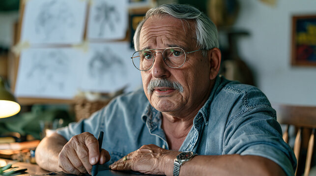 Elderly game developer seated in a quiet rural farmhouse study, hand-drawn character concept sketches pinned to the wall behind him, a stylus resting in weathered fingers above a drawing tablet, sug