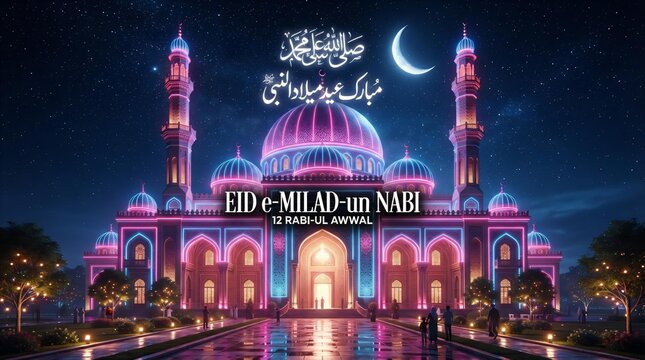 Celebrate Eid-e-Milad-un-Nabi Horizontal Banner with Love and Devotion. 12 Rabi al-awwal post with mosque