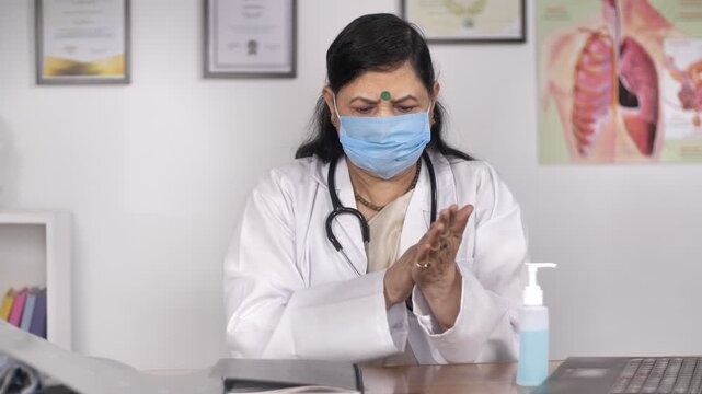 Medical worker sanitizing herself - Coronavirus spread prevention concept. Medium shot of a female doctor with a mask using an alcoholic rub to clean her hands - hygiene concept