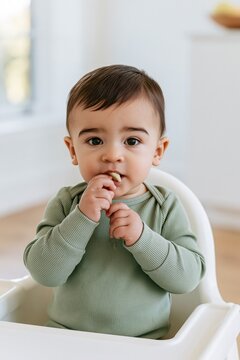 Baby holding snack in highchair candid portrait with natural light for parenting blog background