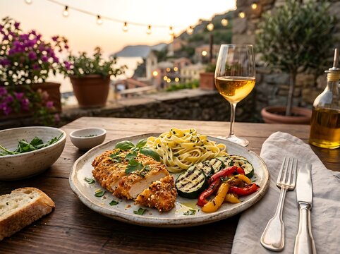 Delicious grilled chicken breast with roasted vegetables and white wine on an outdoor terrace table. romano chicken