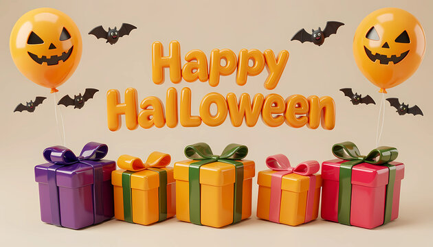 Happy halloween greeting card with gifts and balloons, bats, confetti, pastel background.