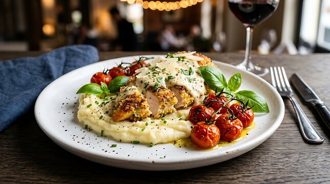 Grilled chicken breast with creamy green herb sauce and roasted cherry tomatoes on a dinner plate. romano chicken