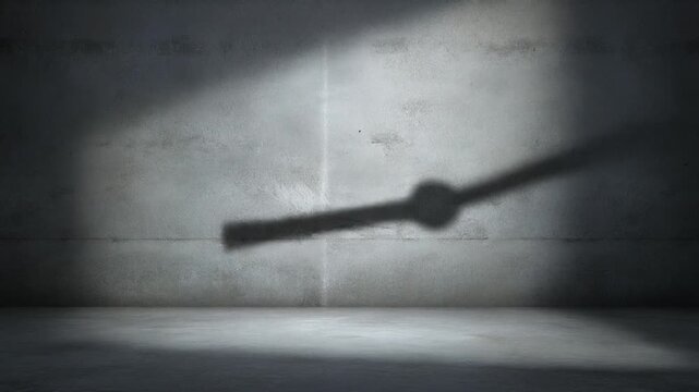 Shadow of clock hands projected on a textured concrete wall in a minimalist dark studio setting representing the concept of passing time and deadline.