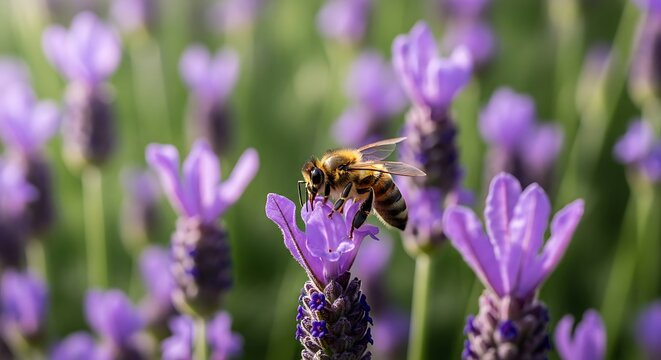 Honey bee pollinates vibrant lavender flowers in a sunny summer garden.