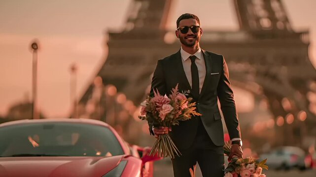 Paris, France, Europe. A vivid portrayal of a man in a sharp black suit, white shirt, and black tie, holding a bouquet of pink and yellow flowers. He stands in front of the Eiffel Tower.