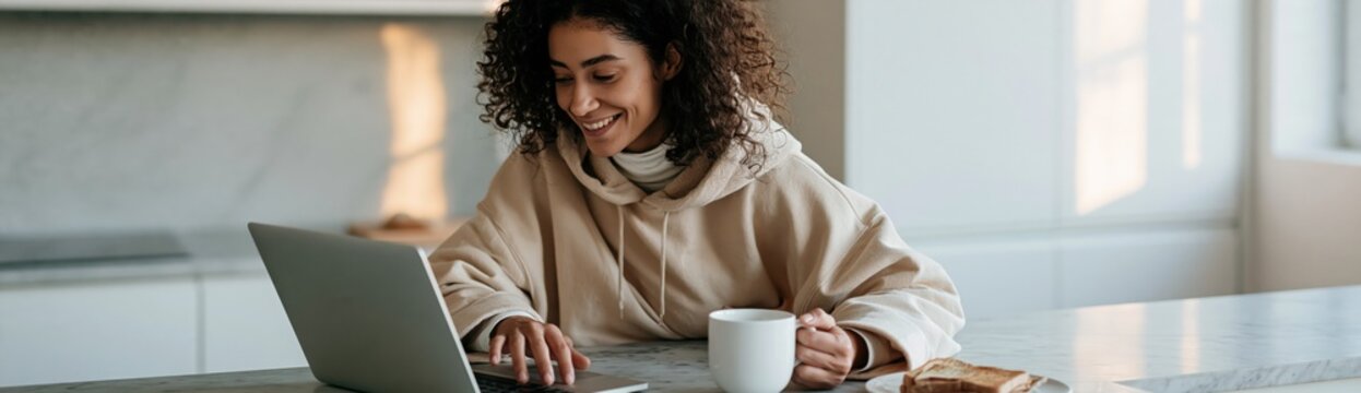 Young woman working on laptop with coffee in bright modern kitchen for remote work banner background and lifestyle website hero