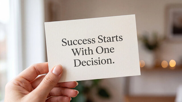 Hand holding a card with the text success starts with one decision written on it