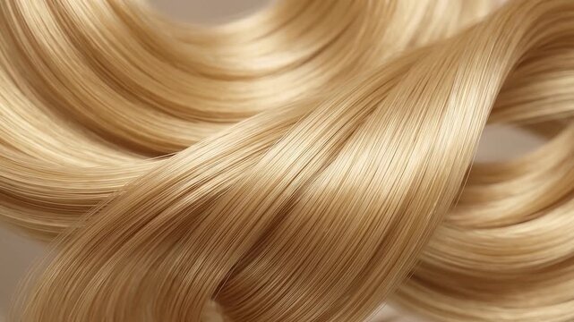 Extreme close-up macro shot of smooth shiny blonde hair texture. Beautiful gentle wave with shimmering glossy highlights reflecting soft light. Haircare, keratin and beauty concept.