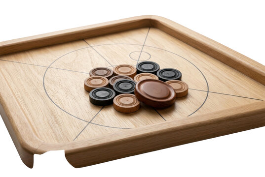 Square wooden carrom board with striker and coins.
