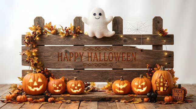 Happy halloween wooden sign with carved pumpkins, ghost and fairy lights