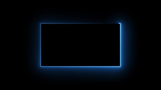 Intense blue neon rectangular frame with a strong glow and light diffusion against a dark black backdrop Keywords: blue neon, rectangular frame, glowing, light.