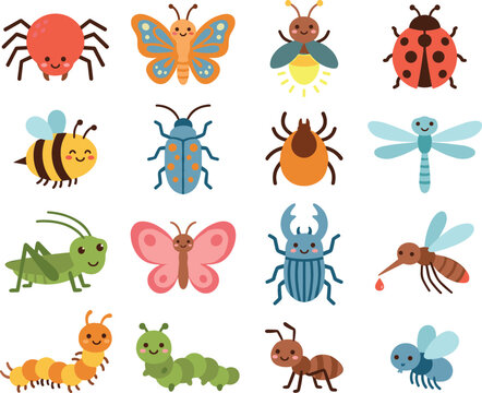 Set of cute kawaii insects characters funny bugs and beetles icons isolated on white background vector illustration