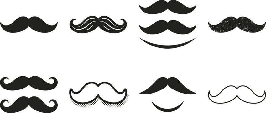 Moustache vector icon set featuring various facial hair styles including retro handlebar silhouette and hipster mustache outline collection