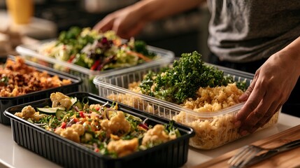 Obraz premium Hands arranging colorful healthy meals in clear plastic containers on a kitchen counter for meal prep