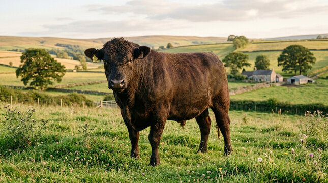 Black Angus Bull Standing in Green Pasture with Rolling Hills and Farm Buildings