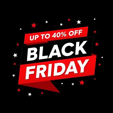 Black Friday sale banner with up to 40 percent discount. Vibrant holiday shopping promotion graphic for retail marketing campaigns.