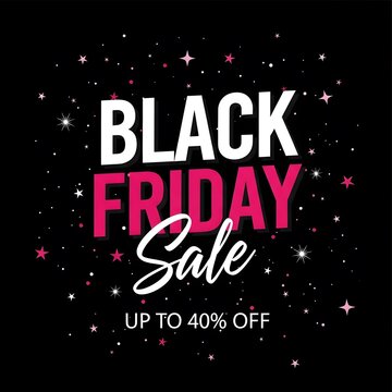 Black Friday sale banner with bold discount offer. Glittering promotional graphic for retail shopping event up to 40 percent off.