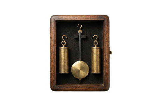 Vintage brass clock pendulum and weights in wooden box
