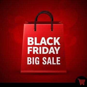 Black Friday big sale shopping bag on red background. Retail discount promotion banner for holiday consumer deals and offers.