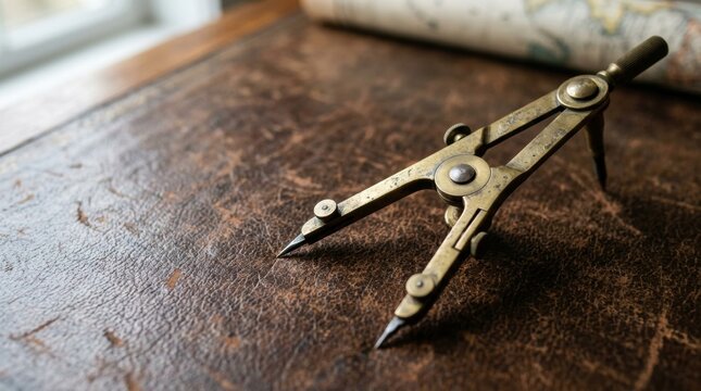 Close-up of a vintage brass drawing compass on a dark brown textured leather desk surface with a blurred map.