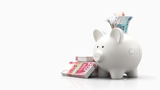 Piggy bank with chinese yuan banknotes isolated on white background
