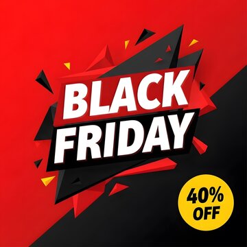 Black Friday sale banner with bold 40 percent discount. Explosive retail promotion graphic for e-commerce and advertising campaigns.