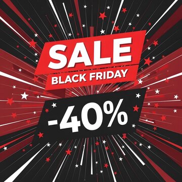Black Friday sale banner with 40 percent discount. Dynamic retail promotion graphic for shopping event with bold typography and starburst effect.