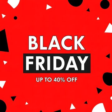 Black Friday sale banner with bold discount offer. Vibrant retail promotion graphic for up to 40 percent off deals.