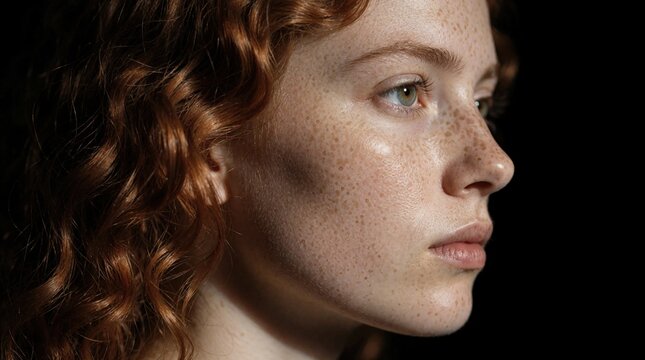 Young woman profile, auburn wavy hair, freckled skin, green eyes look away thoughtfully. Natural beauty, soft light against dark background. Contemplative mood, human emotion.