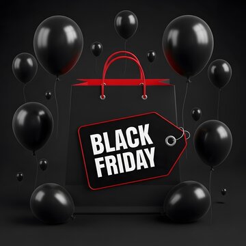 Black Friday sale tag on scattered shopping spheres with red ribbon. Retail discount label for holiday promotions and consumer deals.