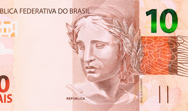 Symbolic sculpture of Brazilian Republic on 10 Reais banknote from Brazil issued Central Bank of Brasil