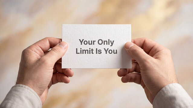 Closeup of hands holding a white card with the motivational quote your only limit is you written on it, personal growth concept
