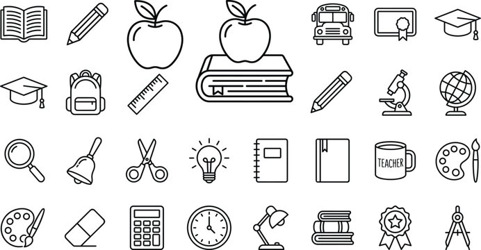School supplies vector icon set with books apples bus graduation caps backpack microscope calculator and teacher mug elements
