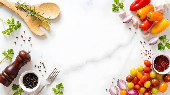 Fresh Cooking Ingredients Flat Lay Frame on Marble Background | Colorful Vegetables Spices and Utensils Top View Layout | Fresh Ingredients Frame with Tomatoes Peppers Herbs and Spices