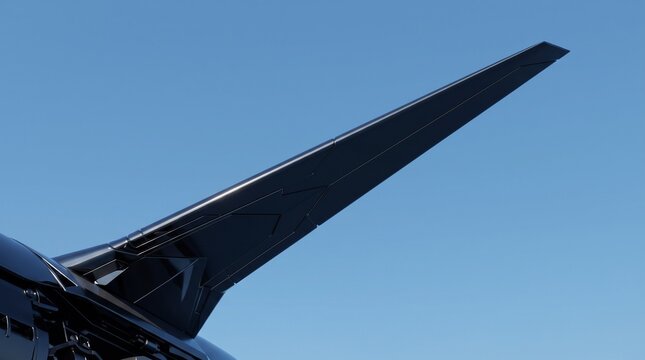 Futuristic Sci-Fi Jet Wing Stabilizer with Sleek Stealth Metallic Structure Against Blue Sky