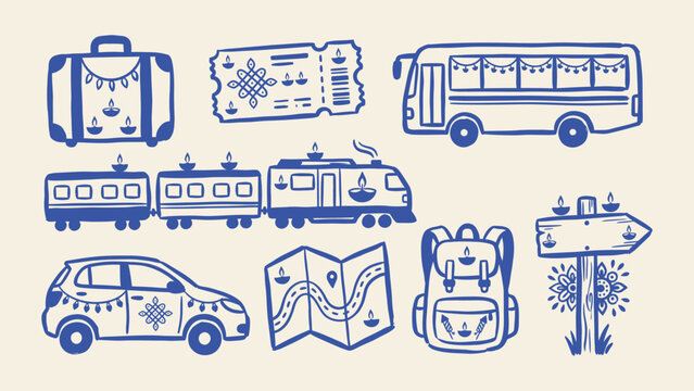 Diwali travel vector icon set with decorated car train bus suitcase map and backpack for festive homecoming journey