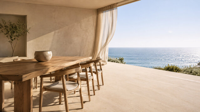 Minimalist Coastal Dining Room with Panoramic Sea View
