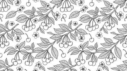 Fototapeta premium Hand drawn cherry fruit pattern with leaves and blossoms in black and white line art style