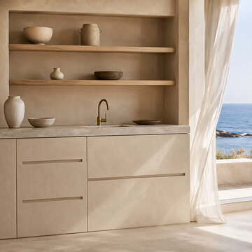 Warm Minimalist Kitchen with Wooden Shelves and Coastal View