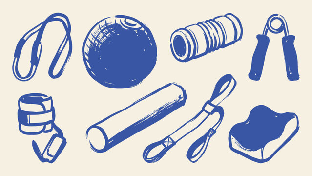 Hand drawn vector illustration set of physical therapy and fitness equipment icons including foam roller resistance band and exercise ball