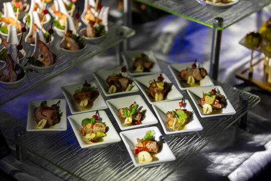 Gourmet Canap&eacute;s and Fine Dining Appetizers on Luxury Buffet Display