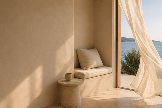 Cozy Mediterranean Window Nook with Sea View and Soft Sunlight